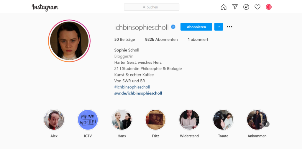 Screenshot des Instagram-Profils @ichbinsophiescholl
